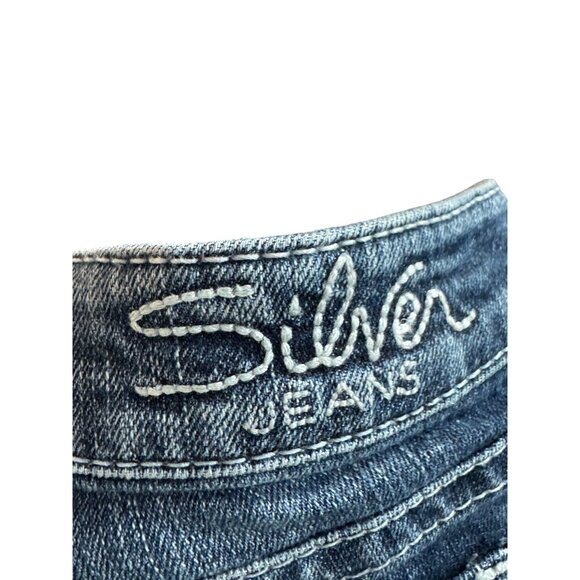 Silver Jeans Lightly Distressed Dark Wash Embroidered Flare Denim Western - Picture 4 of 5